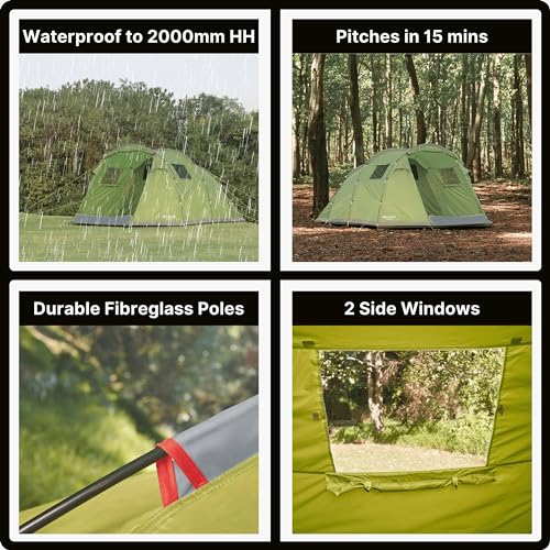 Eurohike Sendero 6 Man Family Tent with Porch & Spacious Living Area, 6 Person, Waterproof, Easy to Pitch, Tunnel Design, Ideal for Family Camping Trips & Festivals, 2000mm HH - Image 5