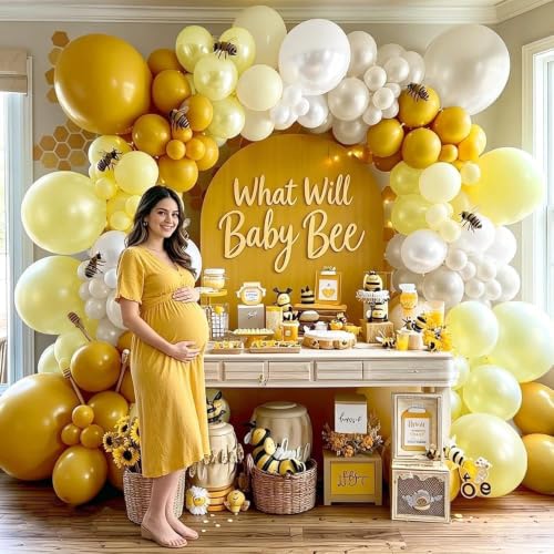 Image of Yellow Balloon Arch Kit Double Stuffed Mustard Pastel Yellow Pearl White Sand Balloon Garland for Bee Baby Shower Bridal Wedding Birthday Lemon Fall Thanksgiving Party Decorations