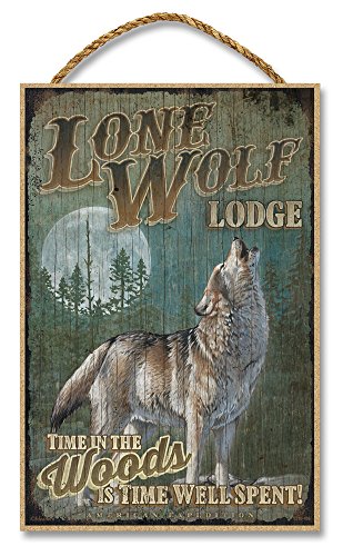 Placa de madeira rústica American Expedition 17,78 cm x 26,67 cm - Lobo-de-lobo solitário (lobo)