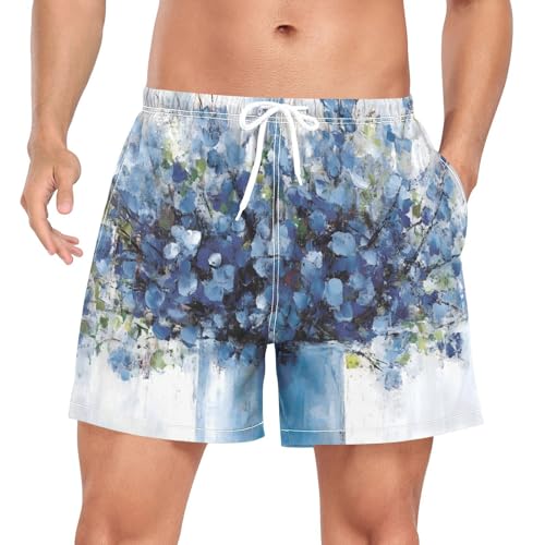 Flower Blue Art Mens Swim Trunks with Liner, Cool Quick Dry Beach Swim Shorts, Swimwear Bathing Suits S