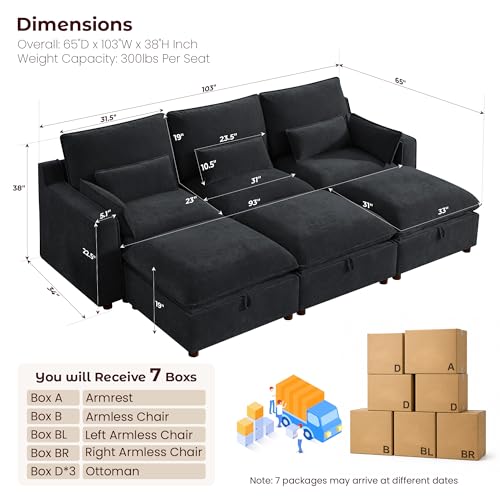 Image of WorthFurni Modern Modular Sectional Sofa,103 inch Sleeper Sofa Bed Minimalist Couch with Storage Ottoman,Comfty 6 Seat Sofa for Living Room,Black Chenille