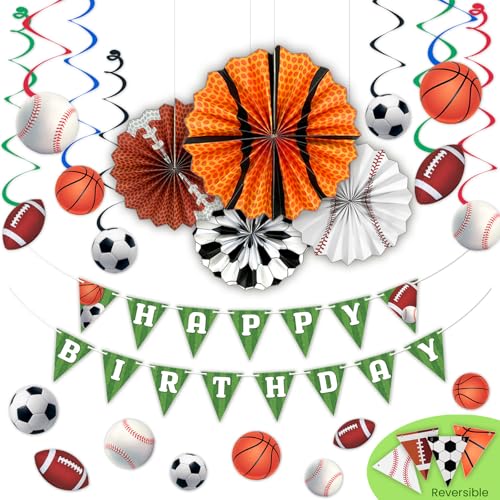 HonuGoGo All-Star Sports Birthday Party Decorations Kit 26ct Game Day Decorations with Banner Paper Fans Hanging Swirls & CutoutsIdeal for Baseball Basketball Soccer & Football Team Parties