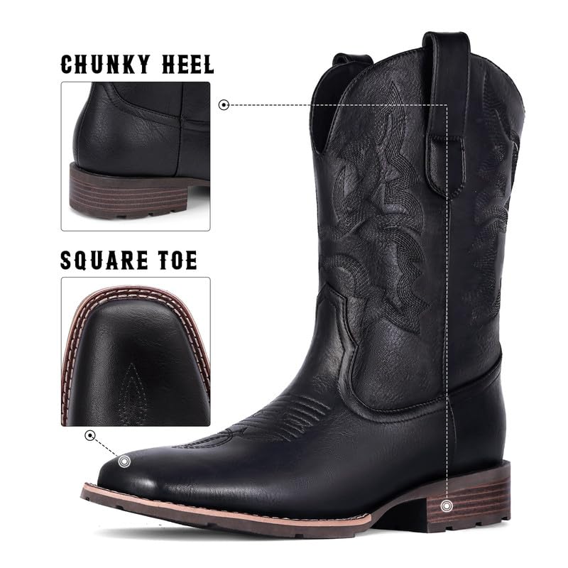 suokdil cowboy boots for men - men39s western boots with embroidery slip resistant square toe chunky heel durable and fashionable retro classic footwear for spring and fall