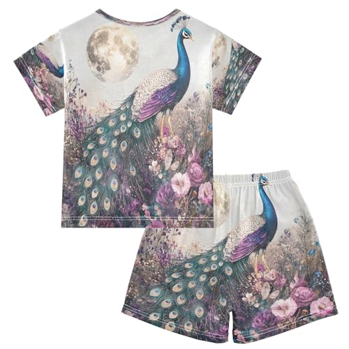 ALAZA Peacock Peony Blossom Bird Moon Pajamas Set Short Sleeve Cotton Sleepwear Summer Pjs 2 Piece 5-14Y2