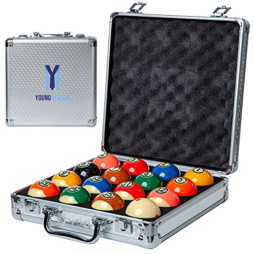 Younghemani Regulation Size Pool Balls Billiard Set - Comes with Professional Cue Ball and Silver Case - Play 8 Ball and 9 Ball - 17 Pcs - Multi Colored 11x11 Inches