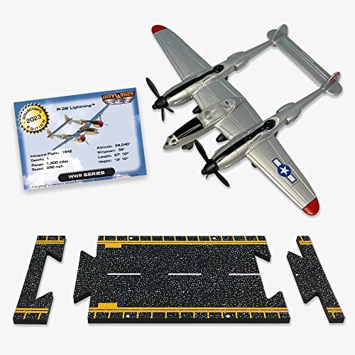 Hot Wings Planes P-38 Lightning with Connectible Runway Die Cast Plane, Grey Die Cast Plane in...