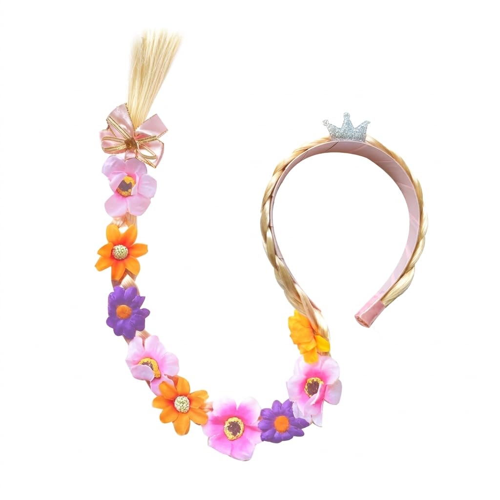 Pluvikon Rapunzel Hair Princess Braid Headband Kids Wig for Girls – Rapunzel with Tiara Flowers Adorn, Accessories for Birthday Party Halloween Cosplay Fancy Dress Up Costume (blond)