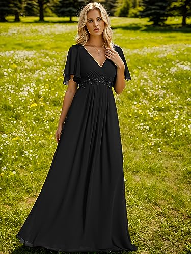 Image of Ever-Pretty Womens V Neck Applique Mother of the Bride Dresses Formal Dress | Chiffon, Short Sleeves, Ruched, A-Line, Bridesmaid Dresses, Formal Gown, Black Tie Dress