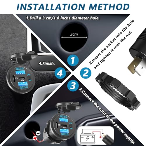 Accesorios coche con salida USB 12V rápida y puertos USB C duales PD estancos 4