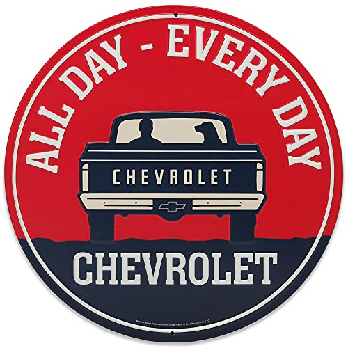 Image of Chevrolet All Day Every Day Round Embossed Metal Sign - Chevy Truck Wall Art for Garage, Shop, or Man Cave