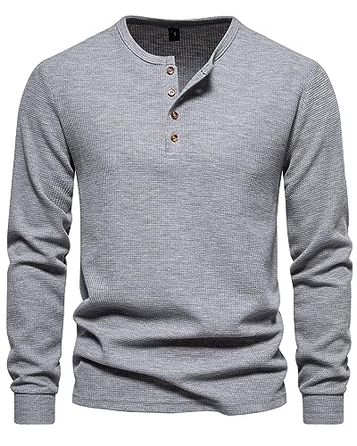 MakingDa Camisa Henley de gofre para hombre, ajustada, manga larga, con botones, sin cuello, gris, M