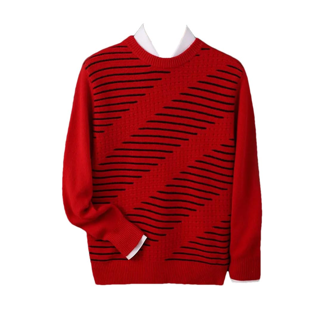 Męski zimowy 100% solidna wełna luźny okrągły dekolt dopasowany kolorystycznie sweter dzianinowy kaszmirowy sweter., Czerwony, 3XL