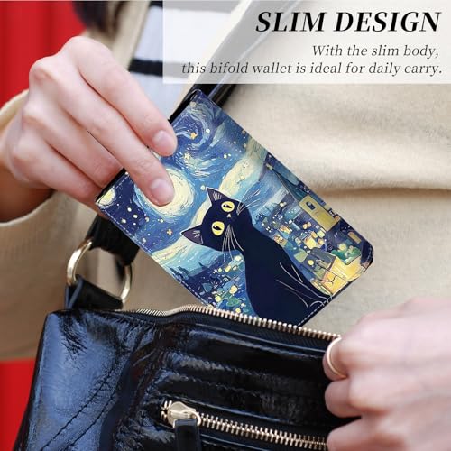 Credit Card Holder Aluminum Auto Pop Up Wallet, Slim Minimalist Credit Card Holder For Men and Women, Leather Card Case Front Pocket Trifold Wallet RFID Blocking Wallets,Black Starry Sky Cat -16674