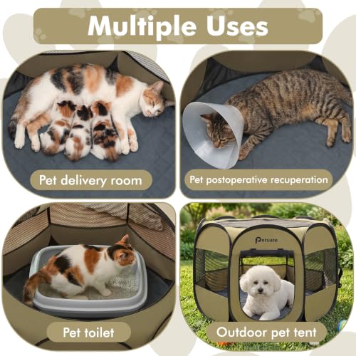 Image of Persure Dog Cat Pet Playpen Puppy Crate Cage for Indoor Outdoor Travel | Nursing Rest Zone Recovering Pet Quarantine Room Portable Pop Up Easy to Set up lightweight Carrying Bag(Khaki with Pad,Small