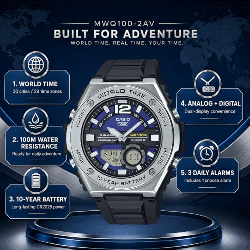 Casio MWQ100 Series | Men’s Digital Watch | Silver/Blue | 100M WR | Stainless Steel | World Time | Countdown Timer | Auto Calendar | Telememo | Multi Alarms | 100 SEC Chronograph | 10 Year Battery - image 3