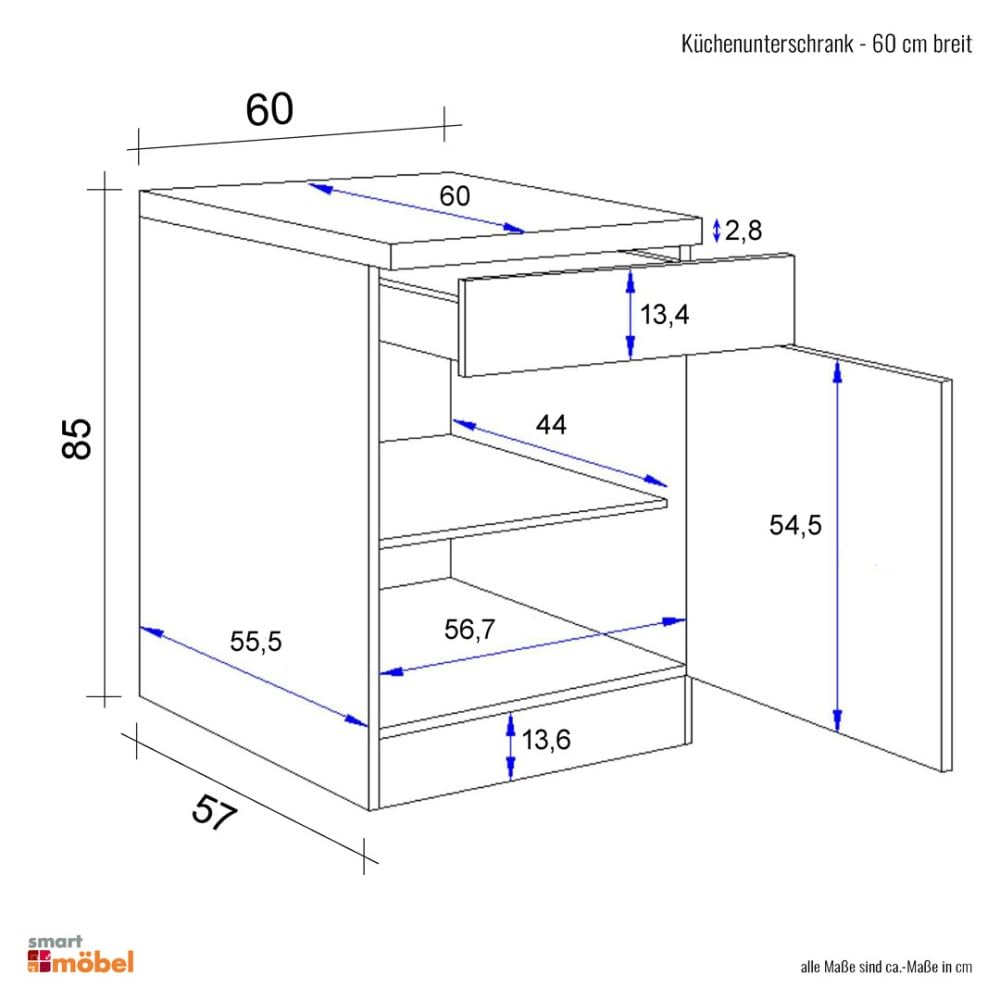 Küchenunterschrank Witus 60 cm mit Arbeitsplatte – Weiß – mit Schublade und Tür