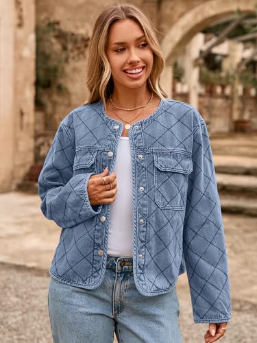 Glamaker Jean Jacket Women Denim Long Sleeve Button Down Diamond Quilted Lightweight Jackets Fall Winter Shacket Coats2