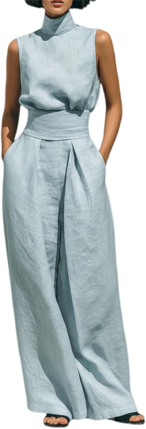 2 Piece Sets for Women Elegant Linen High Neck Top Wide Leg Pants Set Summer Formal Sleeveless Top Casual Slim Pants Suits