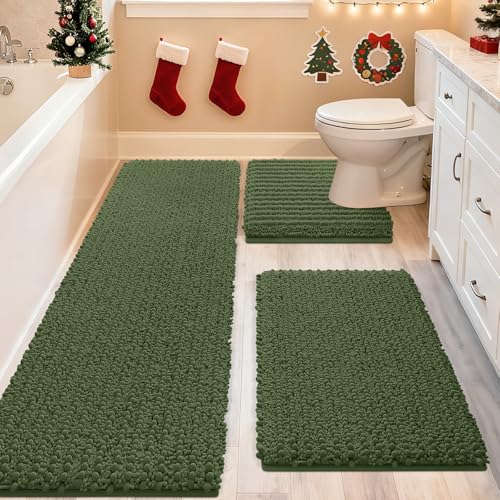 ACCUMTEK Upgrade Extra Large Oliver Green Bathroom Rug Set 3 Pieces Ultra Soft, Thick Absorbent Bath Mats, Non Slip Chenille Toilet Mat for Bathroom, Bedroom, Kitchen