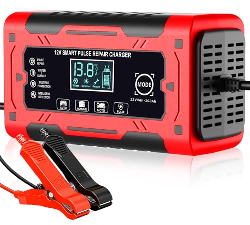 Autobatterie Ladegerät, 12V/6A Smart vollautomatische KFZ Batterieladegerät mit Temperaturkompensation für Auto LKW Motorrad Rasenmäher Boot Marine Batterien Rot (RED)
