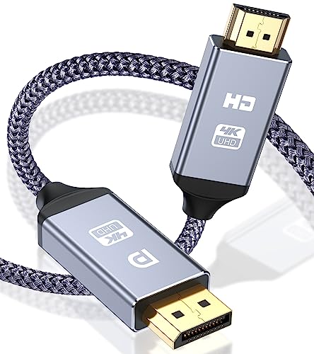 4K DisplayPort to HDMI Cable 2M DP to HDMI Cord Unidirectional Transmission Nylon Braided Material 1080P@120Hz 4K@30Hz Compatible with Monitors Projectors HDTVs Desktops HP Dell - Gray