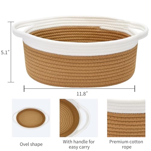 Image of ABenkle Small Basket with Handles, Boho Decorative Rope Woven Dog Cat Toy Storage Bin Shelf Storage Organizer, Easter Christmas Gift Basket, 12 inchx8 inchx5 inch, Brown