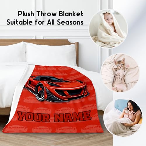 Personalized Racing Car Blanket, Cozy Soft Throw Gifts for Kids, Cute Red Flannel Throw Blankets for Couch Office, 30x40 Inches