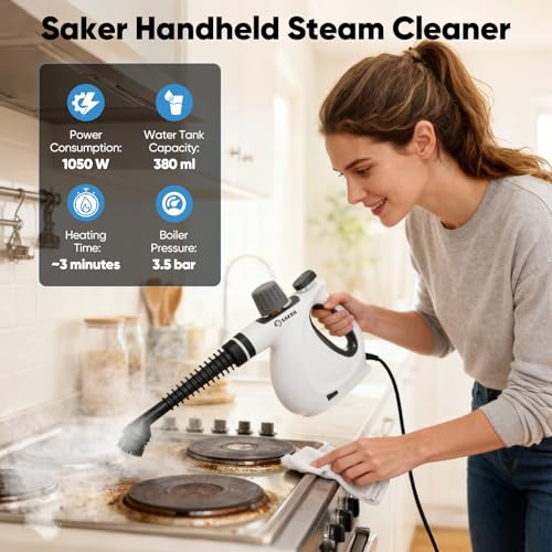 Image of Saker Handheld Steam Cleaner New,Portable Steam Cleaner for Home,1050W Steam Cleaner,4 Fiber Cloths for Quick Heating & Deep Cleaning of Floors, Cars, and Kitchen