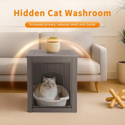 Image of Cat Litter Box Enclosure, Plastic Hidden Litter Box Side Table with Openable Front Door, Cat Box Enclosure Cabinet for Indoor & Outdoor Use, Weatherproof, Easy to Clean & Assemble, Grey