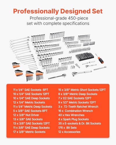 Image of VEVOR Mechanics Tool Set and Socket Set, 450 Pcs, 1 /4, 3 /8 and 1 /2 inch Drive Deep and Standard Sockets, SAE Metric Mechanic Tool Kit with Bits, Wrenches, Accessories, Storage Case with Orange Drawer