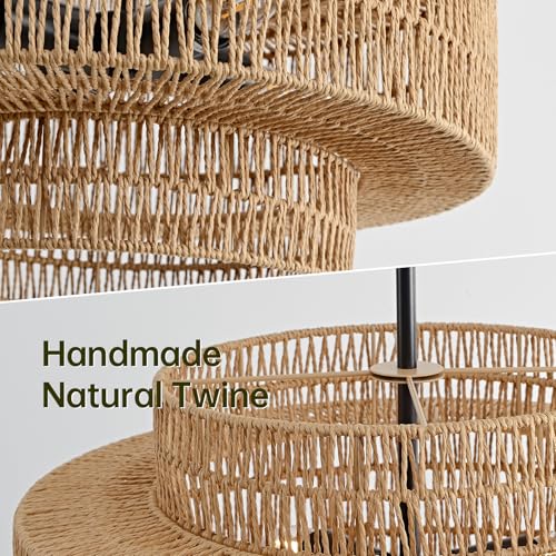 Image of 4-Light Boho Rattan Chandelier for Dining Room Light Fixture, 17.7 inch Black Rustic Pendant Light Farmhouse Hand Woven Wicker Light Fixture for Kitchen Island, Living Room, Bedroom