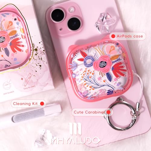Image of for AirPods 4 Case with Cleaning Kit, Cute Cat Ear Print Design & Cute Buckle, Inverted Phone Holder Design, Top Safe Lock Buckle Design, for Girls AirPods 4 case 2024,Clear Flowers