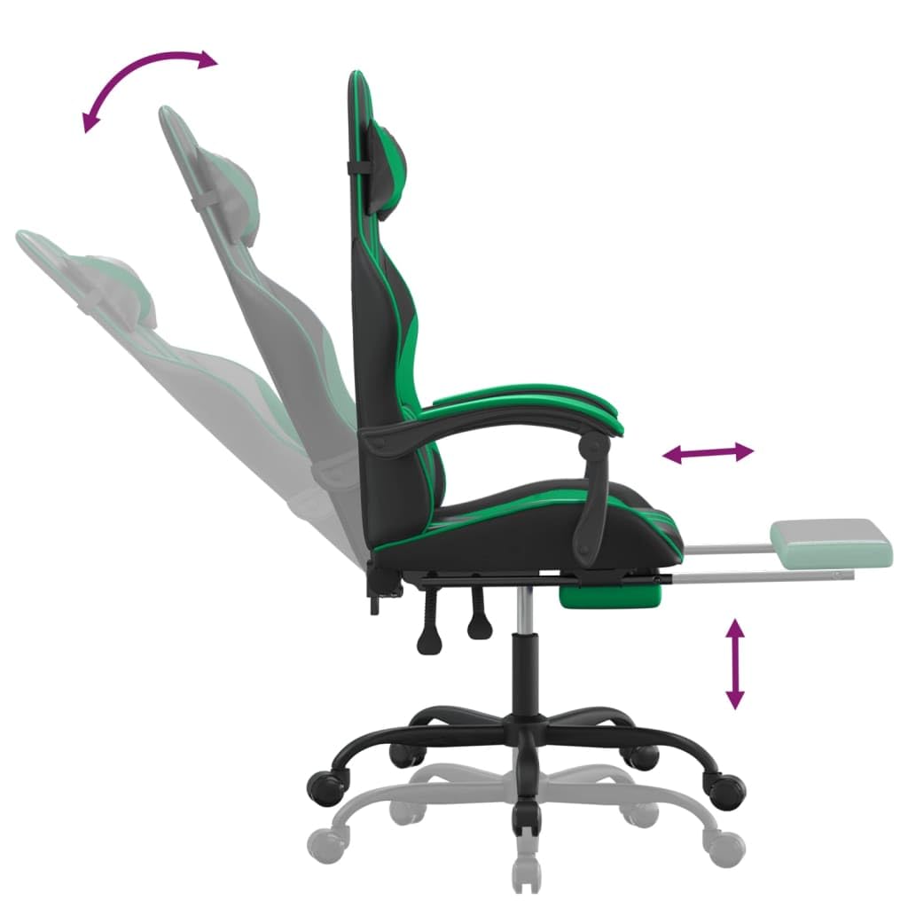 Sedia da gaming con poggiapiedi e schienale regolabile, in ecopelle, nera, verde, sedia girevole ergonomica con braccioli e supporto lombare, per ufficio e giochi