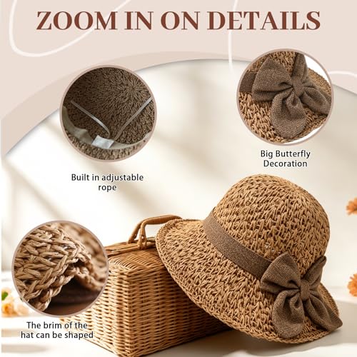 Sombrero de paja tejido elegante con moño para mujer miniatura 4
