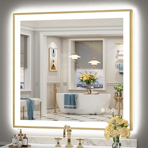 Image of 40x38 Gold LED Bathroom Mirror with Lights, Backlit & Front Lit | Brushed Gold Framed, Anti-Fog Lighted Vanity Mirror, Dimmable, 3-Color Temp, Memory, CRI95, HD Tempered Glass, UL Listed
