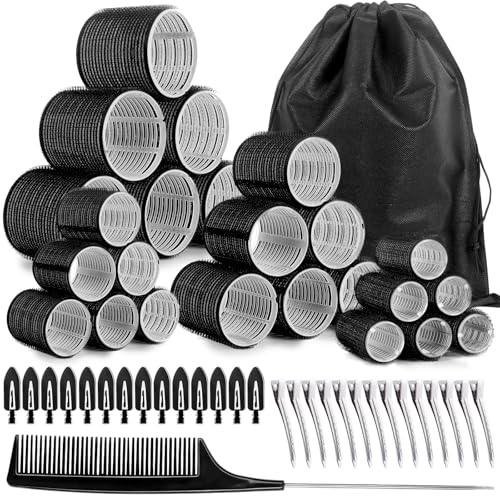 Zefphxs 54 PCS Hair Rollers with Clips Black Rollers for Hair Jumbo Large Medium Small Hair Curlers Rollers for Long Medium Short Thick Fine Hair DIY Hairdressing (Black)