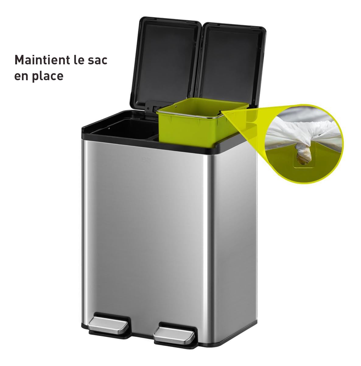 EKO Poubelle Cuisine Double Tri 2 Compartiments 20L + 20L | Acier Inoxydable Anti-Traces avec Pédale | Fermeture Silencieuse | sous Évier Compact Double