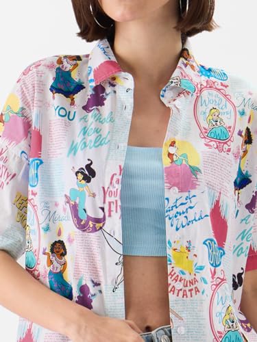 Image of The Souled Store Official Disney 100: Classic Women and Girls Short Sleeves Collared Neck Button Front White All Over Printed Casual Summer Ready Easy to Style Cotton Boyfriend Shirts