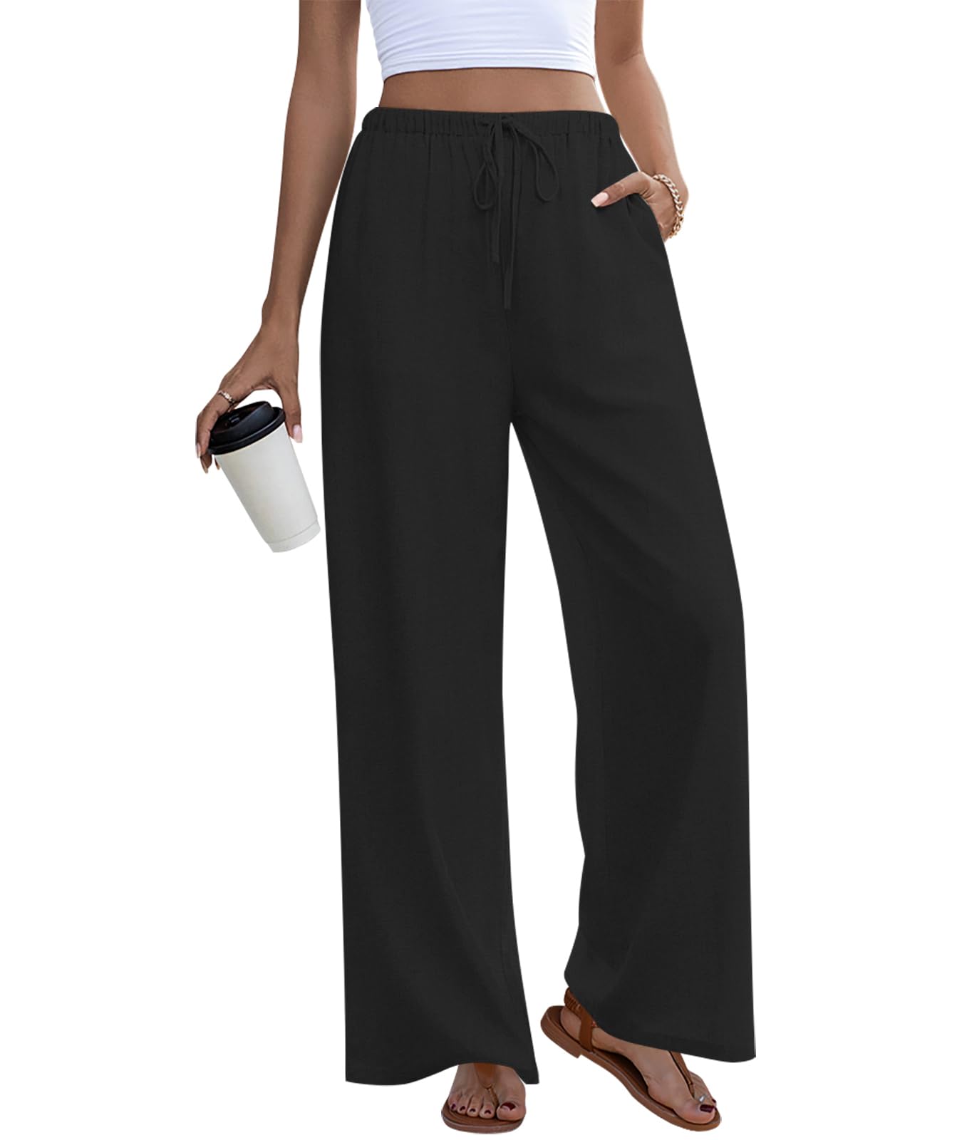Anymeet Womens Soft Spring Pants Wide Leg Casual Drawstring High Waist Long