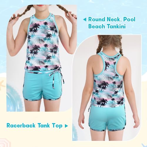 Belovance Girls Swimsuit Two Piece Tankini Bathing Suits Size 12-14 Racerback Swimwear with Shorts Kids Teen Swimming Suit Pool Beach Athletic Swim Suit Quick Dry (Green Coconuts, 13-14 Years)3