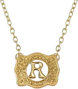 14K Gold Belt Buckle Necklace Western Style Initial Letter Pendant Necklace, Decorative Belt Buckle Frame Design
