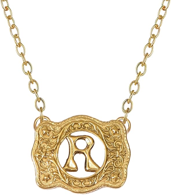 14K Gold Belt Buckle Necklace Western Style Initial Letter Pendant Necklace, Decorative Belt Buckle Frame Design
