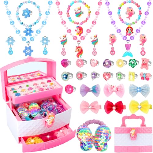 Kids Jewelry for Girls, 68Pcs Toddler Jewelry Toys Princess Dress Up Jewelry Set, Necklaces, Bracelets, Kids Rings, Hair Ties, Hair Clips, Funny Christmas Birthday Gifts for 3 4 5 6 7 8 Year Old Girl