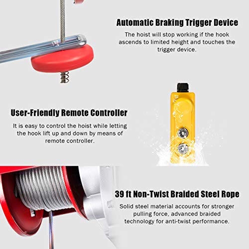 Goplus 2200 lbs Lift Electric Hoist Crane Remote Control Power System, Solid Carbon Steel Wire Overhead Crane Garage Ceiling Pulley Winch with Emergency Stop Switch