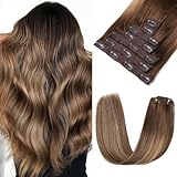 Rimoss Clip in Hair Extensions Real Human Hair, 7pcs Ombre Chocolate Brown to Caramel Blonde Balayage Hair Extensions Real Human Hair Clip ins, Human Hair Clip in Extensions for Women (16 Inch)