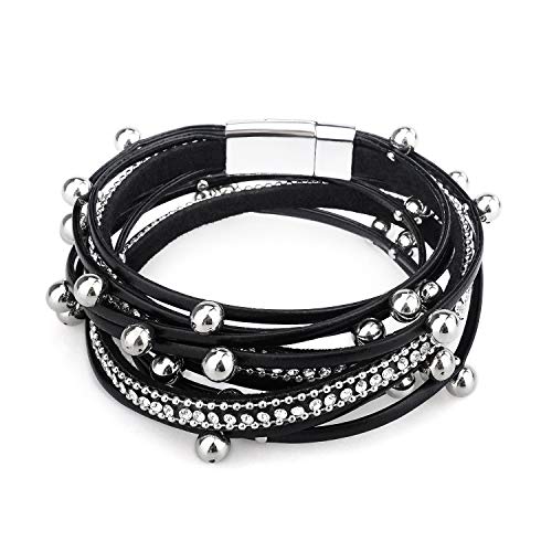 Gleamart Multi-Layer Leather Bracelet Beads Wrap Cuff Bangle for Women Girls Black