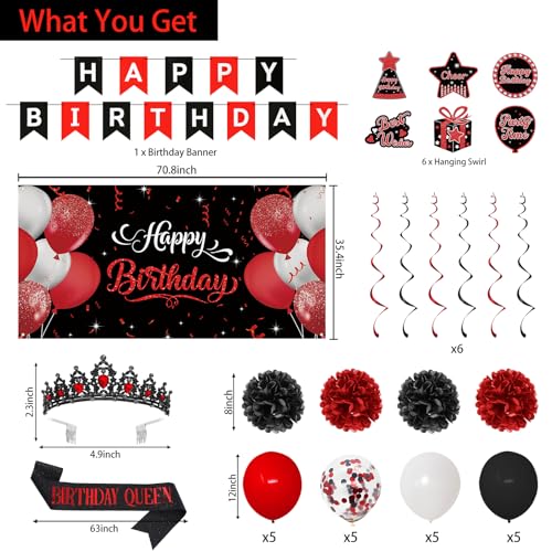 Image of Roetyce Red Birthday Decorations for Women, Black and Red Birthday Queen Sash & Crown Banner Backdrop Balloons Hanging Swirls Kit Gift for Her, Bday Party Backdrop Background
