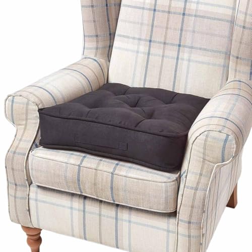 HOMESCAPES Black Armchair Booster Cushion Large Firm 50 cm Square Seat Pad with Supportive 10 cm Thick Lift Luxury Soft Touch Faux Suede Cushion For The Elderly Post-Operative and Pregnancy