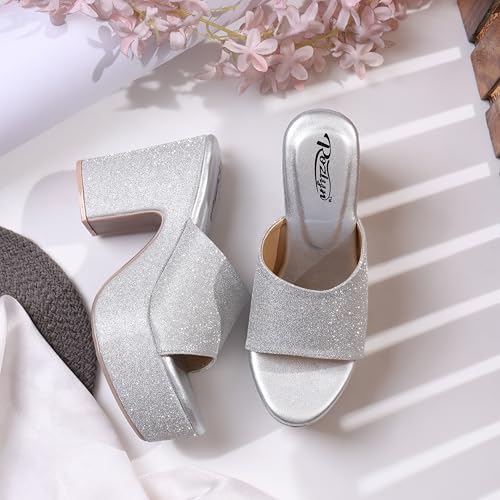Image of Women's Glitter Block Heel Platform Sandals, Open Toe High Heels
