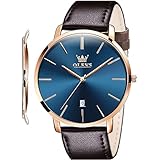 OLEVS Men's Watch Minimalist Ultra Thin Watches for Men Fashion Casual Analog Quartz Waterproof, Male Slim Simple Blue Face Big Dial Date Dress Wrist Watch with Genuine Leather Band for Men Dark Brown